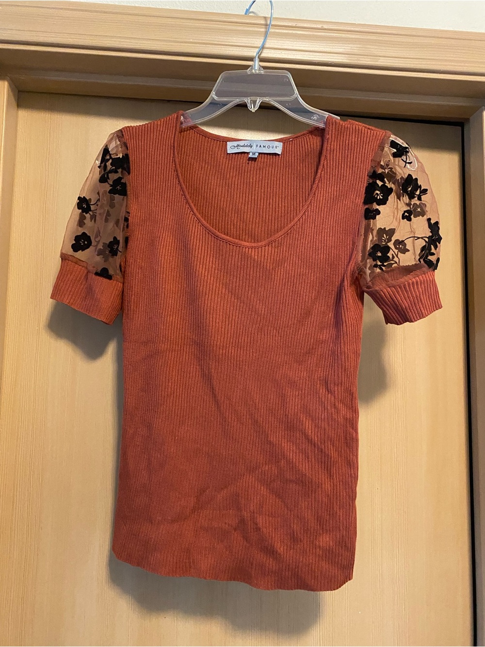 Almost Famous Rust Ribbed Tee with Black Floral Sheer Puff Sleeves